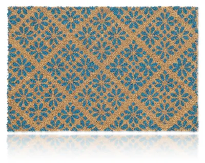 Image de Tapis d'entrée Relaxdays en fibre de coco, motif floral, tapis d'extérieur et d'intérieur, tapis en fibre de coco caoutchouté 60 x 40 cm, bleu/naturel, Image générée par une IA