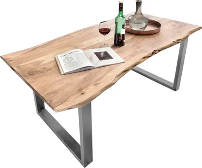 Produktbild von TPFLiving Tisch 180x100 cm, Akazie natur, 56 mm Platte Akazie, Gestell Stahl Platte natur, Gestell silber
