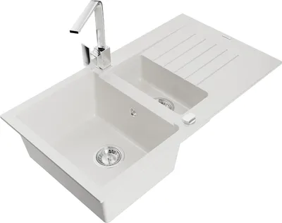 Immagine prodotto di Mexen Matias lavello in granito 1,5 vasche con sgocciolatoio e miscelatore cucina Rita, bianco - 6502-20-670300-00