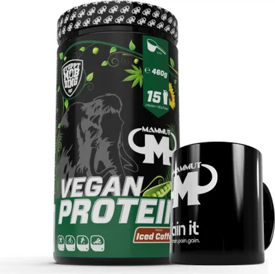 Produktbild von Mammut Nutrition - Vegan Protein 460 g Dose - 15 Portionen Eiweiß + GRATIS Keramik Tasse, Geschmack: Iced Coffee