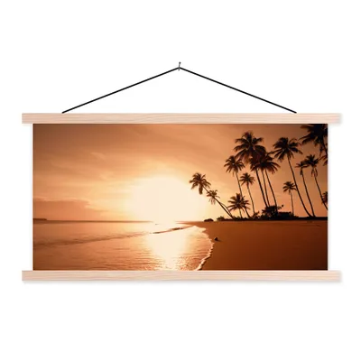 Produktbild von MuchoWow® Textilposter Sonnenuntergang - Tropisch - Palme - Strand - Meer 60x30 cm mit holzfarbenen Rahmen - Dekoration