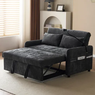 Produktbild von Merax Schlafsofa, 2-Sitzer Klappsofa mit Schlaffunktion, verstellbare Rückenlehne, USB-Ladeanschluss & Handyhalter, Chenille Bettsofa, Couch, Grau