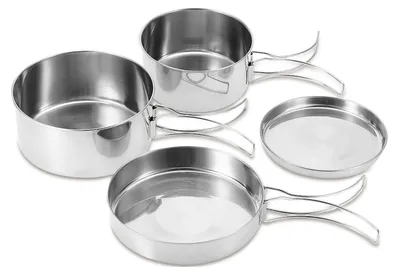 Obrázok produktu pre Sada 4 kusov hrncov a panvíc na kemping, vyrobená z nehrdzavejúcej ocele