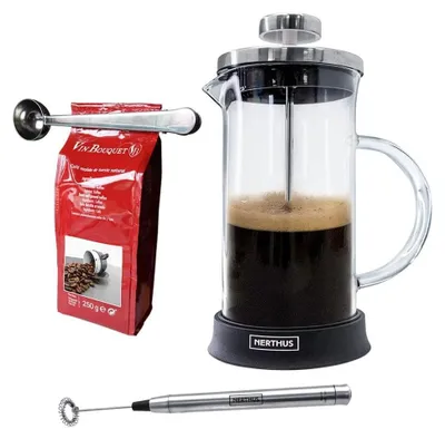 French Press 350 ml, Glas, mit Milchaufschäumer und Kaffeetang
