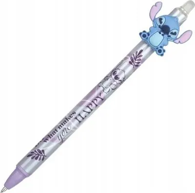 A pen with a Stitch character on top, with text and decorative elements on the barrel.