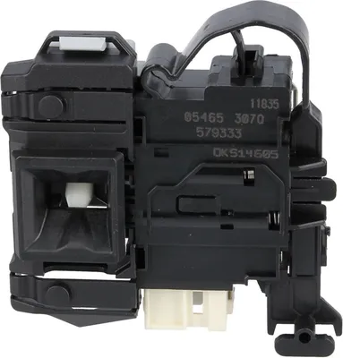 A black plastic washing machine door lock mechanism is shown against a white background.