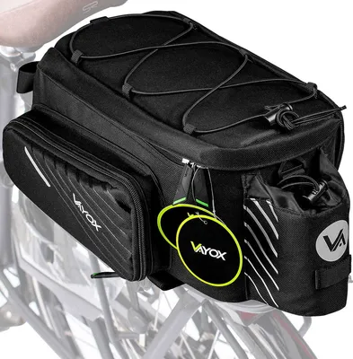 A black bicycle rear rack bag is shown attached to a bicycle rack.