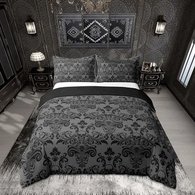 Produktbild von Black Bohemian Damask Bettwäsche Set - King Size mit Skelettmuster und 2 Kissenbezügen