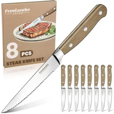 Obrázek produktu pro Sada 8 nožů na steak s vroubkovanou čepelí | Nerezová ocel | Dárková krabička