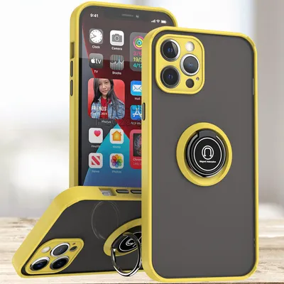 Produktbild von iPhone 12 Pro Hülle, Ring Halter Ständer Matte Transluzent TPU Rahmen Stoßfest Schutzhülle für iPhone 12 Pro Gelb