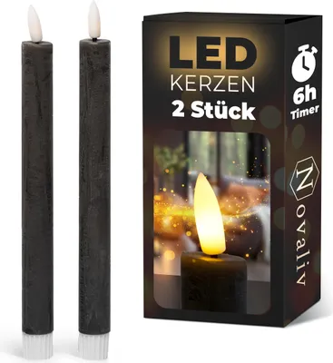 Produktbild von Stabkerzen LED mit Timer SCHWARZ 2er indoor mit Timer Funktion 6 Stunden ECHTWACHS 24cm Höhe für Kerzen 2,2cm Durchmesser 2 AAA Batterien notwendig LED Stabkerzen flackernde Flamme bewegliche Flamme