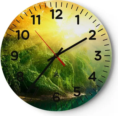 Produktbild von Wanduhr - Rund - Glasuhr - Tropen Bäume Fluss - 40x40cm - Schleichendes Uhrwerk - Lautlos - zum Aufhängen bereit - Dekoration Modern - Wanddekoration aus Glas - C4AR40x40-0166