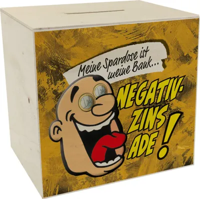 Produktbild von Spardose aus Holz in gelb zum Thema Negativzins mit Comic-Motiv