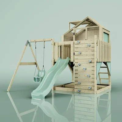 Produktbild von OutdoorToys Spielturm mit Spielhaus inkl. Wellenrutsche und Kinder-Schaukel, Outdoor Klettergerüst Garten, Ausführung: Babyschaukel, Farbe: Mintgrün, mit Babyschaukel