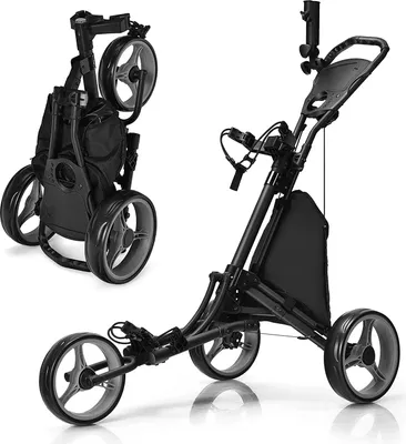 Produktbild von GOPLUS Faltbar Golftrolley mit 3 Rädern, 4 höhenverstellbare Positionen, Golfwagen aus Aluminium, mit verstellbarem Schirmhalter, Tasche, Eingebauter Kühler, Fußbremse