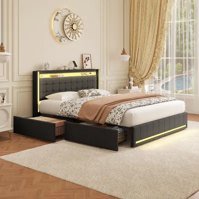 Produktbild von UnboxG Polsterbett 140x200cm mit 4 Schubladen, mit LED-Beleuchtung und Aufladen USB, Doppelbett Stauraumbett mit Lattenrost, Jugendbett mit LED, Holzbett Funktionsbett, Leinen, Grau