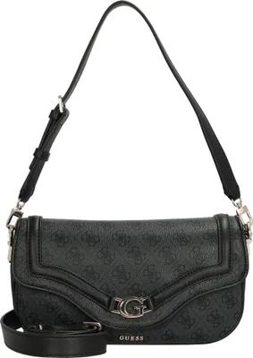 A black and gray Guess shoulder bag with a monogram pattern is shown against a white background.