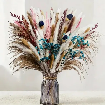 Immagine prodotto di Set di fiori secchi, 110 pezzi, pampas, 44 cm, decorazione bohémien con erba velo e "coda di coniglio", colore marrone