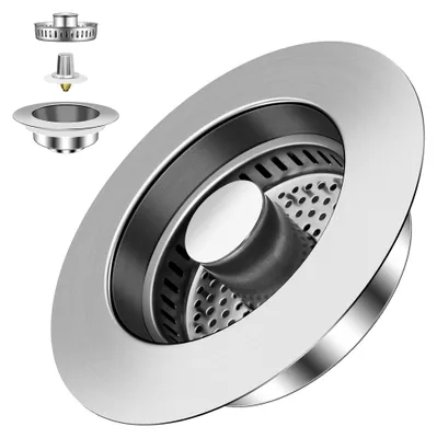 Produktbild von Abflusssieb für Küchenspülen und Waschbeckenstöpsel für eine Tiefe von über 37 mm, Waschbeckensieb 75-87 mm, 3-in-1 Pop-Up Edelstahl Abflusssieb