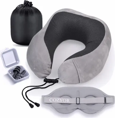 Produktbild von COZYOR Reiseset 3-tlg: Ohrstöpsel + Schlafmaske + Nackenkissen, kuschelig weich & kompakt, verstellbares Nackenhörnchen Memory Foam, Augenmaske 100% dunkel