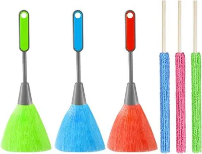 Produktbild von Reinigungsset 3 Mikrofasertücher und 3 Staubwedel - Rot, Blau, Grün, Hellblau, Rosa, Gelb