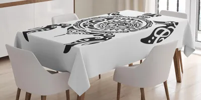 Produktbild von ABAKUHAUS Schildkröte Tischdecke, Stammes-Hawaii-Muster Tropic Maori Style Tattoo Design mit spirituellen Figuren, 140 x 240 cm, Weiß und Schwarz