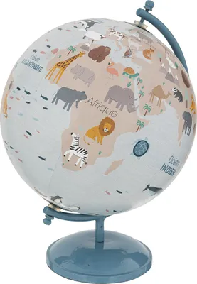A globe with illustrations of animals and continents.