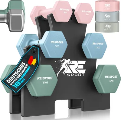Immagine prodotto di RE:SPORT® Set di manubri da 18 kg con 2×1 kg, 2×3 kg e 2×5 kg incl. supporto e 3 bande fitness | Manubri in neoprene antiscivolo per uomo e donna | Set di manubri per manubri