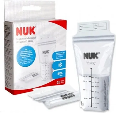 A NUK breast milk bag packaging and a single breast milk bag are shown.