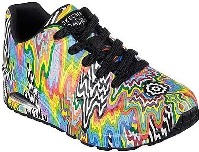 A single shoe with a colorful, abstract pattern.