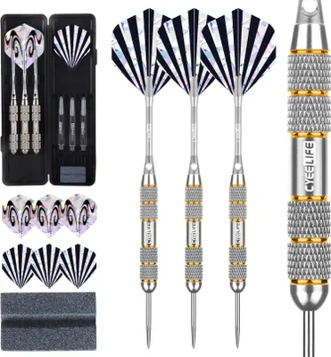 Produktbild von CyeeLife Dartpfeile Set - 24g Steeldarts mit Metallspitze, 3 Stück, Aluminium Schäfte, PC Schäfte, 6 Flights, 1 Tool-Schärfer