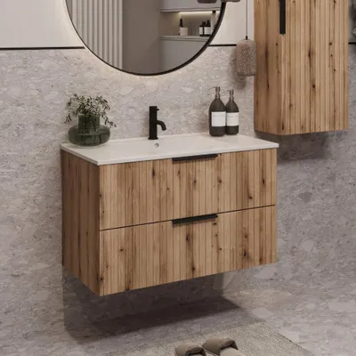 Produktbild von Waschbeckenunterschrank TIBU mit  Waschbecken Badezimmer 2 große Schubladen Softclose Badmöbel Eiche Evoke 80x50x46