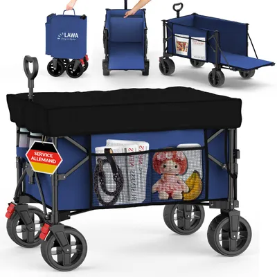 Image de Chariot à main pliable toit 100kg frein poche latérale hayon porte-bouteilles petit 130l léger bleu petite taille de rangement poignée télescopique
