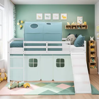 Produktbild von Homestyle4u Hochbett 90x200 Kinder Weiß Rutsche Vorhang Tunnel grün Kinder Weißbett Spielbett