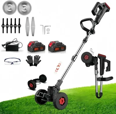 Produktbild von Akku-Rasentrimmer mit 2 Batterie, Freischneider, Motorsense, mit Akku und Ladegerät, Teleskop-Stiel&Zusatzhandgriff, Faltbares Modell, mit Rädern