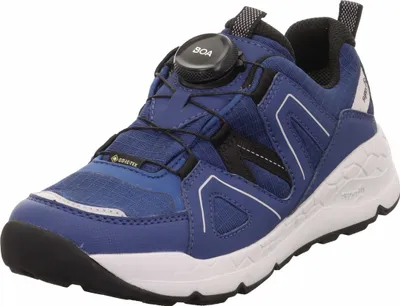 A single blue sneaker with a white sole is shown against a white background.