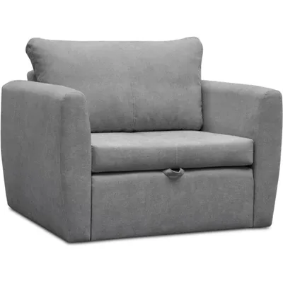 A studio shot of a gray armchair with a pull-out bed feature.
