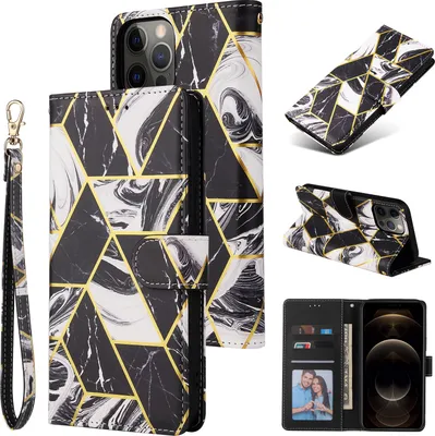 Produktbild von Für Iphone 12 Handyabdeckung Matt Marmor Muster Multifunktions Flip Leder Fall schwarz