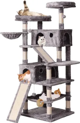 Produktbild von Unyqoos® Kratzbaum 61 x 56 x 180 cm – großer Katzenkletterbaum mit Sisalstämmen, MDF-Plattformen, Plüschliegen, Höhle, Hängematte & Spielball für Mehrkatzenhaushalt