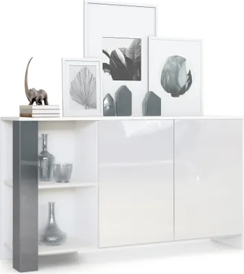 Produktbild von Vladon Sideboard Canto,  Germany, lange Anrichte mit 2 Türen und 6 Fächern, Korpus Weiß matt, Fronten Weiß Hochglanz, Nachbildung-Paneele Grau Hochglanz (143 x 81 x 36 cm)