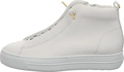 A side view of a white high-top sneaker.