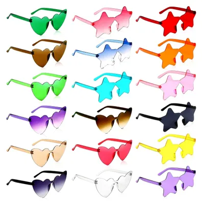 Produktbild von 18 Paare Partybrillen, Pfirsich-Herz/Stern-Brillen, Retro transparente randlose Herzbrillen, Hippie-Sonnenbrillen randlos, herzförmige Sonnenbrillen für Geburtstagsfeiern, Strandpartys und Foto-Requisiten