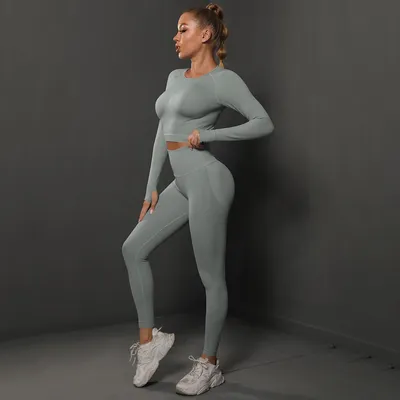 Produktbild von 2-teiliges nahtloses Trainingsanzug-Set, Laufset, Trainingsanzug, Leggings-Set, grau, M