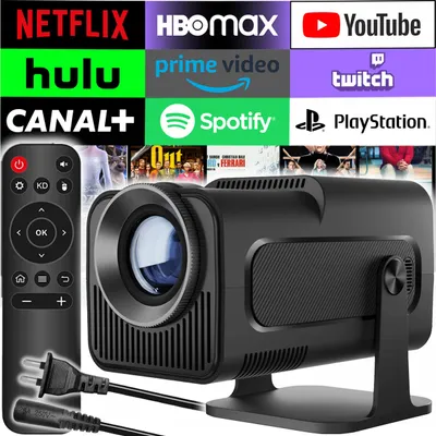 A projector and its remote control are shown in front of a collage of streaming service logos.