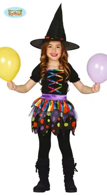 Produktbild von Bunte Kinder-Hexe-Kostüm für Mädchen, Gr. 98-146, Größe:140/146