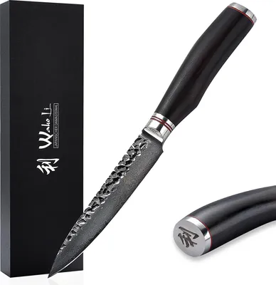 Produktbild von Wakoli EBO Damast Allzweckmesser I 12 cm Klinge mit Hammerschlag  I schwarzer Eichenholzgriff