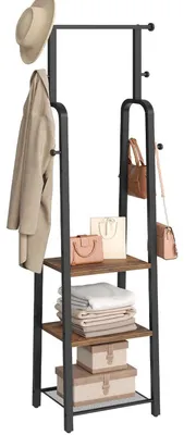 Image de Porte-vêtements avec étagère, 3 niveaux, 8 crochets, noir, style vintage/marron