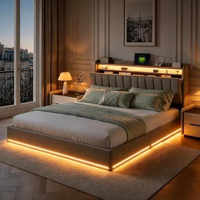 Obrázek produktu pro Postel s čalouněnou konstrukcí 140x200 s LED osvětlením a úložným prostorem, čalouněná postel, dvojlůžko 140x200 s LED a USB, hydraulická postel s úložným prostorem, postel pro mládež, boxspring postel, sametový materiál, bez matrace