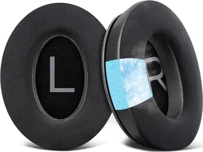 A close-up, angled view of two headphone ear pads, one showing a cutaway to reveal internal blue gel foam.