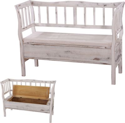 Lavica T207, lavica lavica lavica drevená lavica úložná truhlica, úložný priestor vankúš drevo 119cm ~ biela, ošumelá